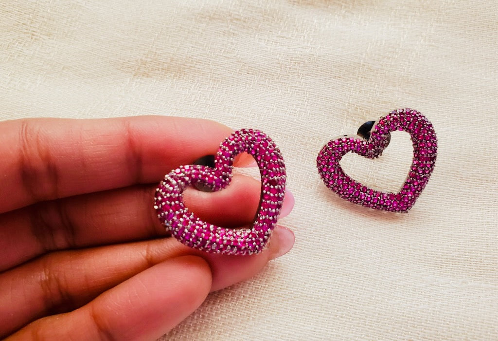 Earrings Pink Rhinestones Heart Shape Studs