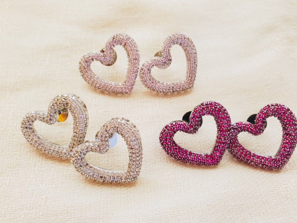 Earrings Pink Rhinestones Heart Shape Studs