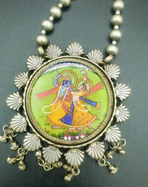 Handpainted Pichwai Painting - Radha Krishna Pendant in German Silver