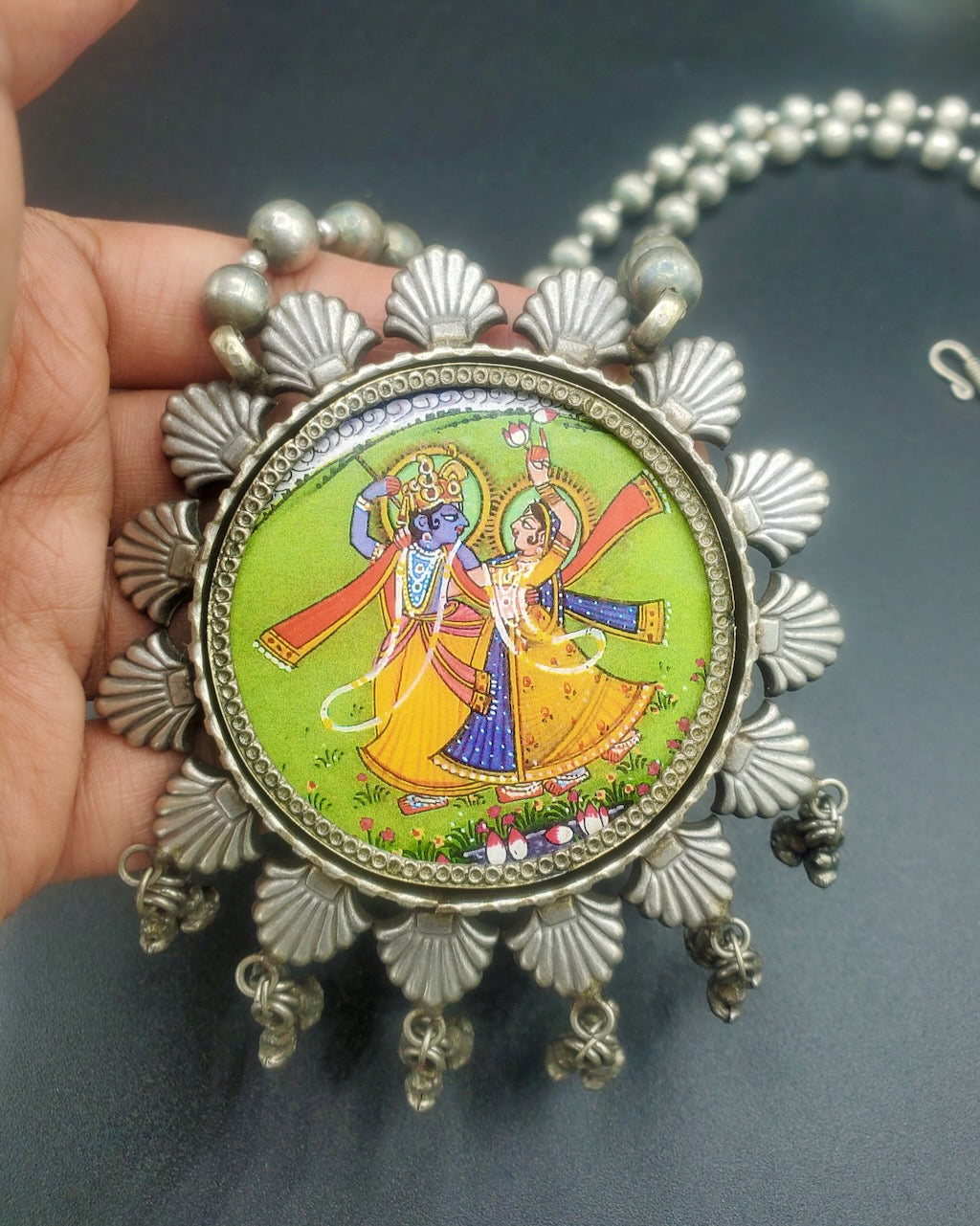 Handpainted Pichwai Painting - Radha Krishna Pendant in German Silver