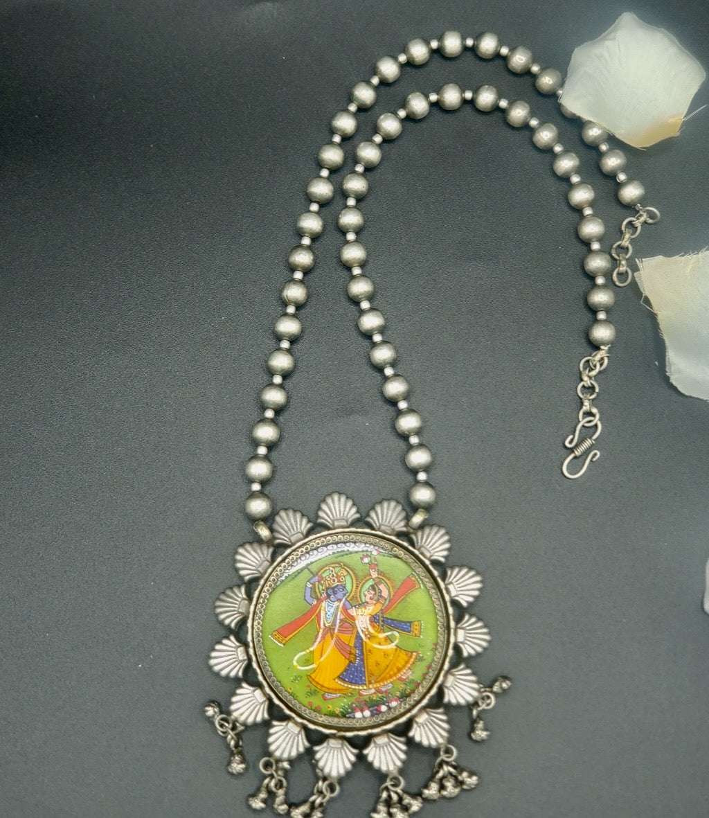 Handpainted Pichwai Painting - Radha Krishna Pendant in German Silver
