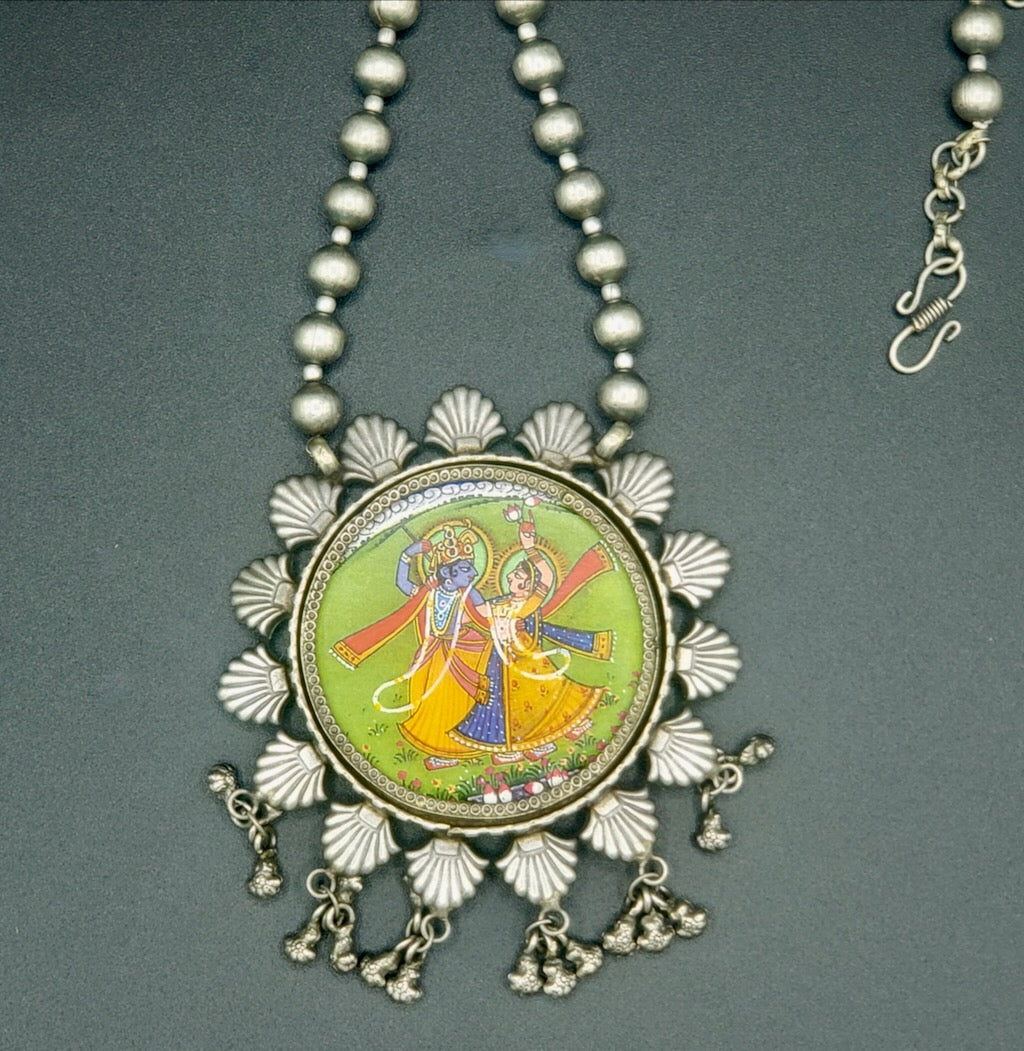 Handpainted Pichwai Painting - Radha Krishna Pendant in German Silver
