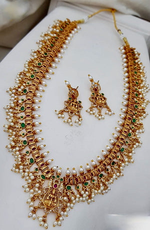 22K Gold Guttapusalu 'Lakshmi -Peacock' Long Necklace & Drop Earrings Set  With Pearls, Japanese Pearls & Beads - 235-GS3591 in 244.650 Grams