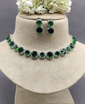 Sanjana American Diamond Rhodium Necklace with Earrings