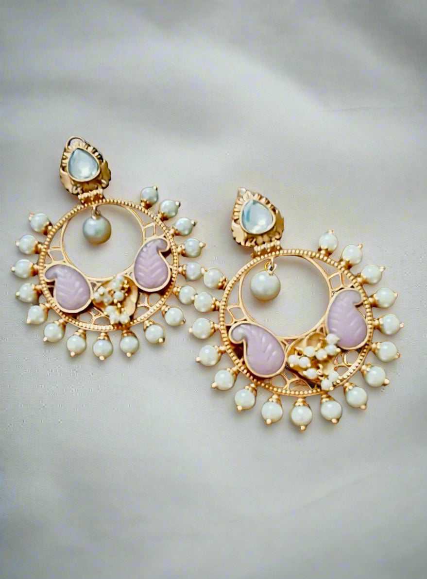 Jenny Pearl Chandbalis with Pink Carved Stone