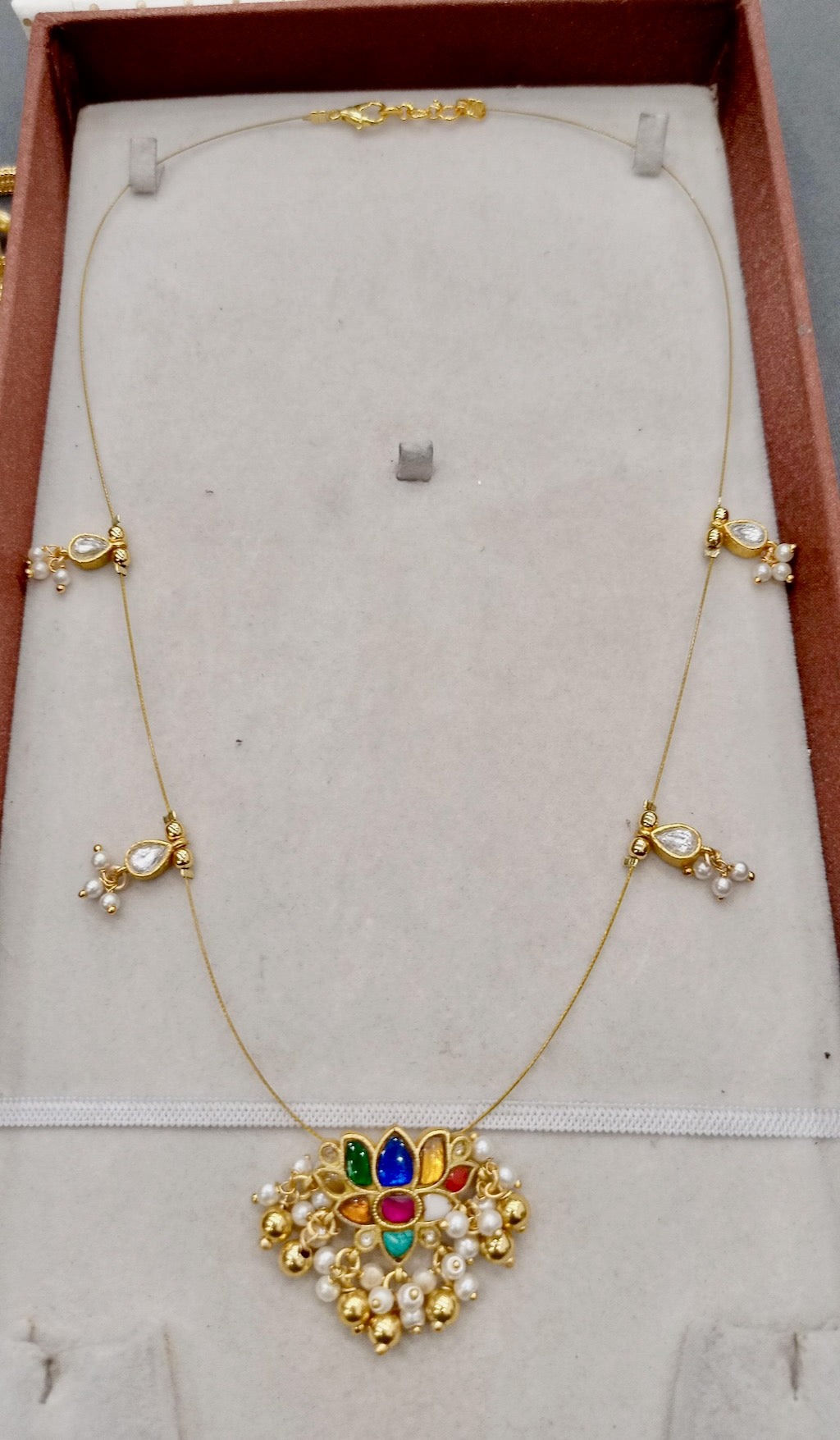 Invisible Chain with Lotus Shape Jadau Pendant