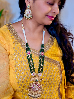 Kundavai Jade Long Mala with Earrings