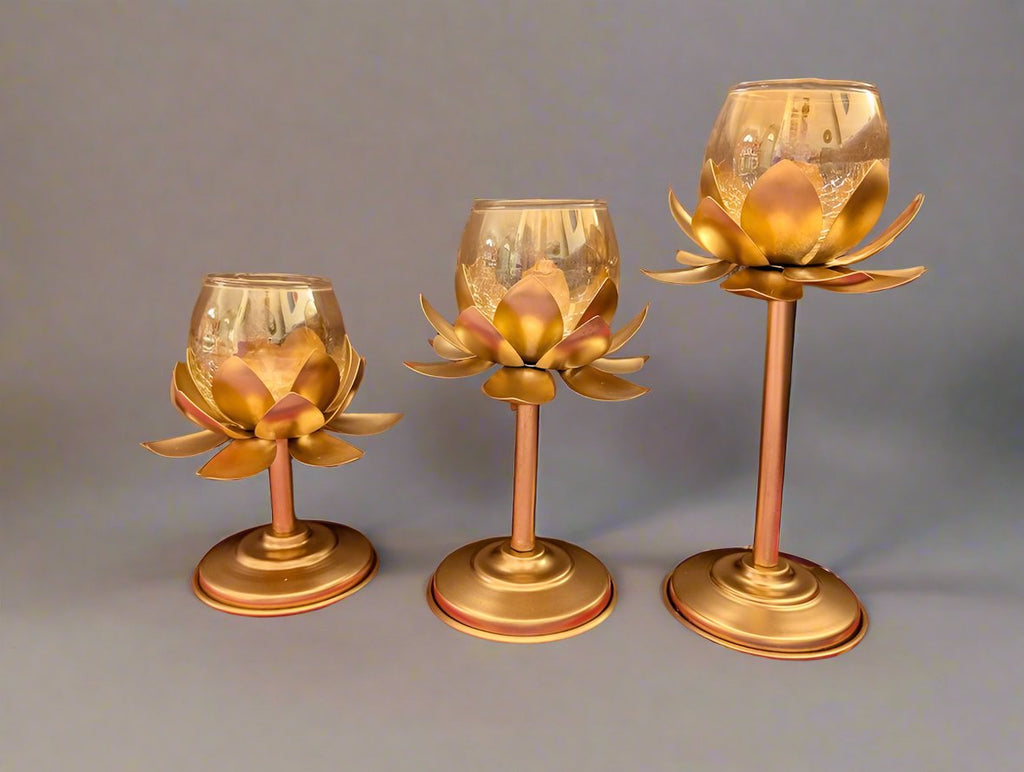 Metallic Lotus Stand Set with Glass (Set of 3)