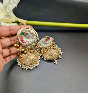Rasika Dual Tone Lightweight Jhumkas with Pachi Kundan