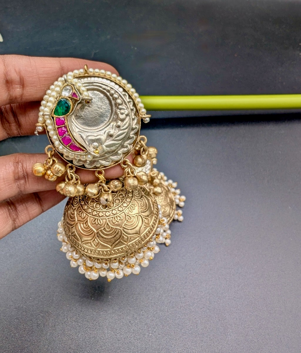 Rasika Dual Tone Lightweight Jhumkas with Pachi Kundan