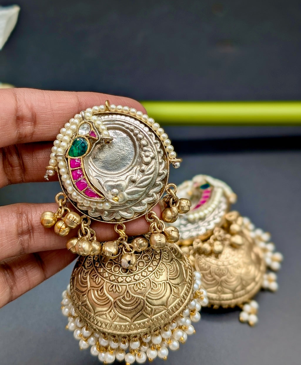 Rasika Dual Tone Lightweight Jhumkas with Pachi Kundan