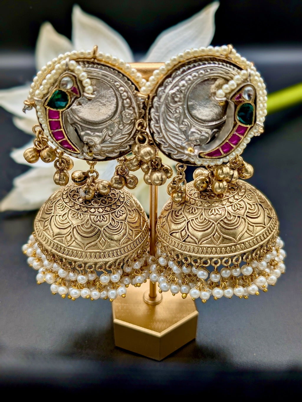 Rasika Dual Tone Lightweight Jhumkas with Pachi Kundan