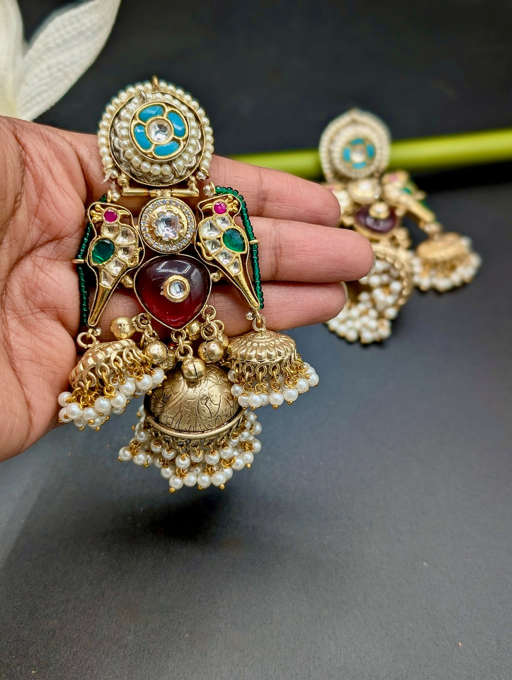 Kashish Pachi Kundan Gold Tone Jhumkas