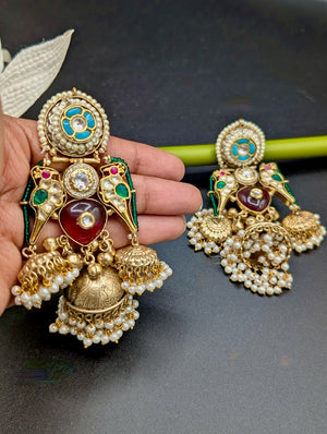 Kashish Pachi Kundan Gold Tone Jhumkas