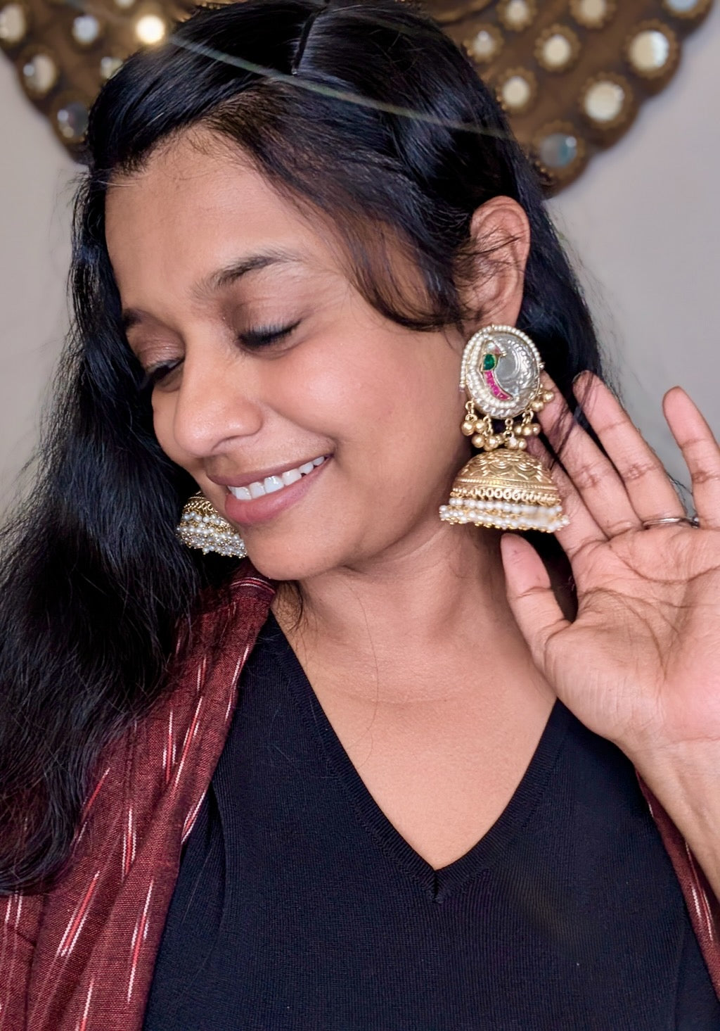 Rasika Dual Tone Lightweight Jhumkas with Pachi Kundan