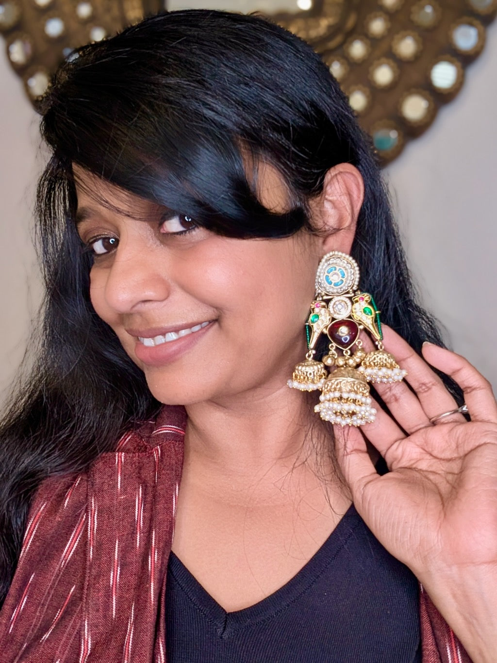 Kashish Pachi Kundan Gold Tone Jhumkas