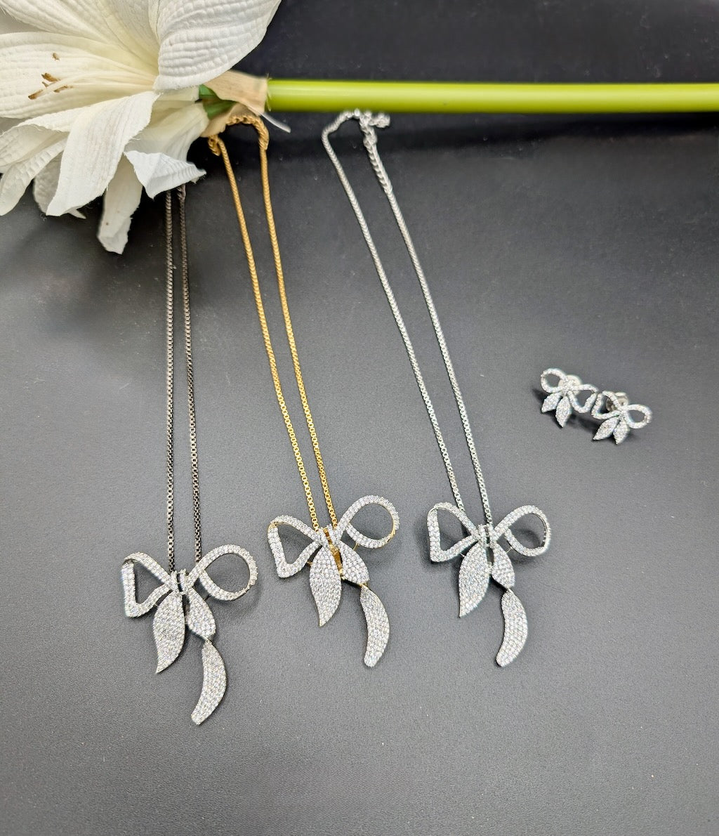 Designer Bow Pendant Set with Earrings