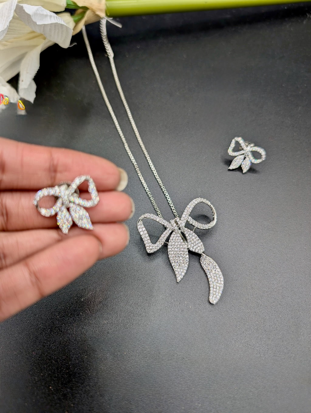 Designer Bow Pendant Set with Earrings