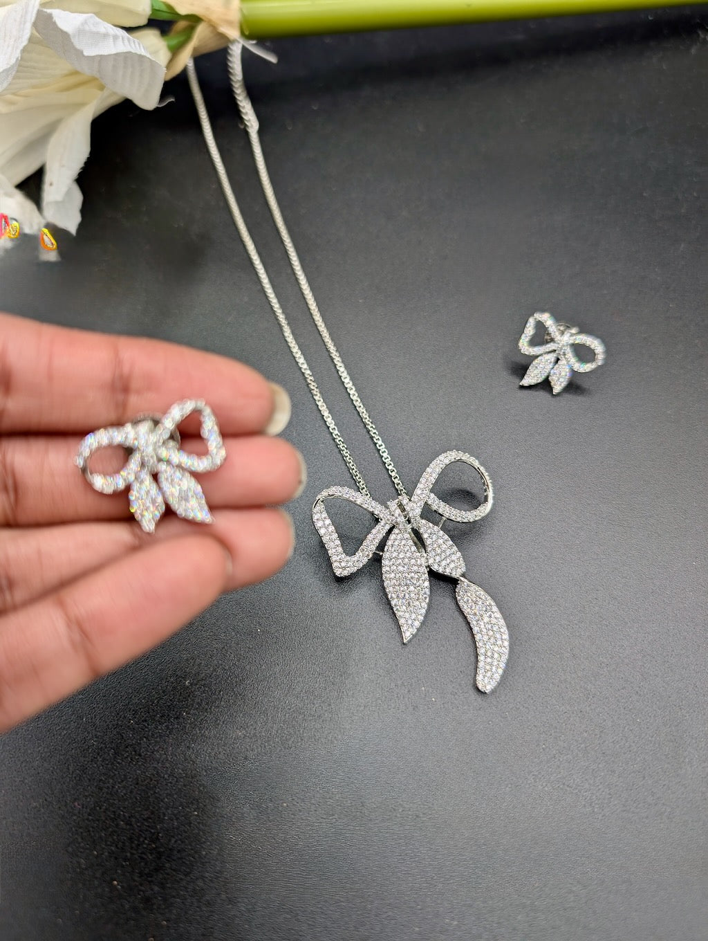 Designer Bow Pendant Set with Earrings