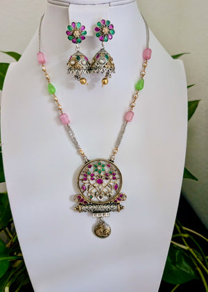 Zuri Dual Tone Chain with Inlay Pendant & Earrings (Available in 2 shapes)