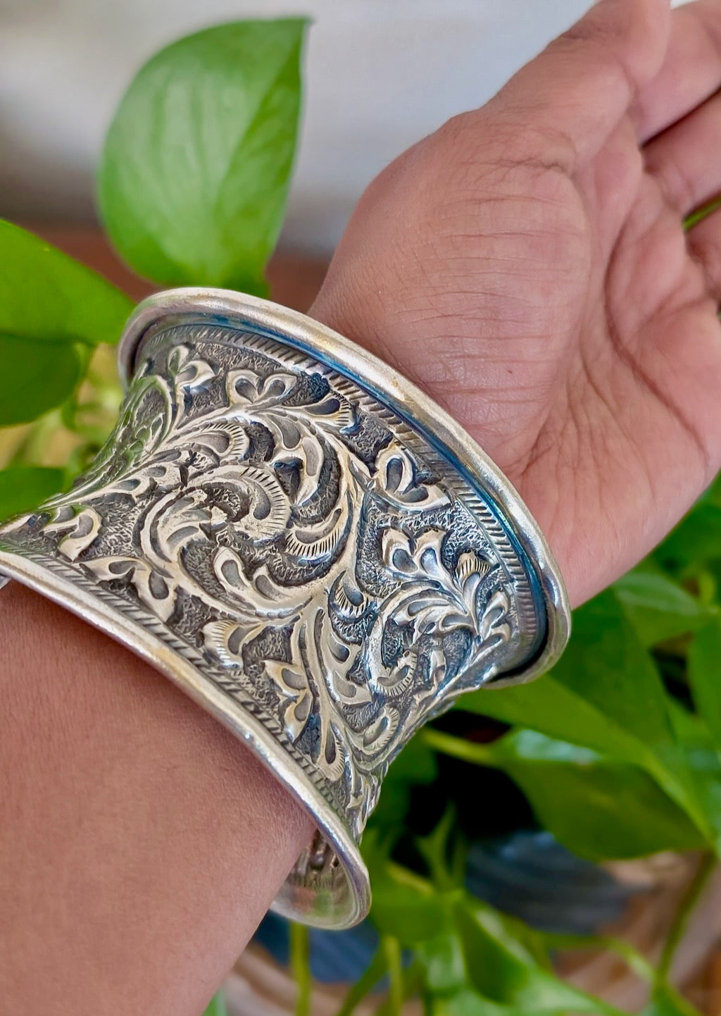 Handcarved Oxidized Chitai Cuff Bangle