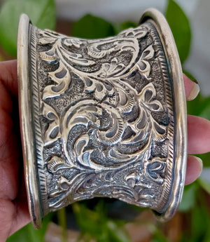 Handcarved Oxidized Chitai Cuff Bangle