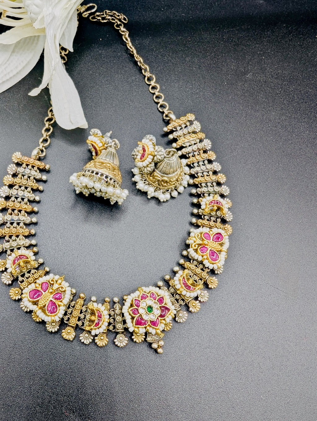 Jaipur Pachi Kundan Necklace set with Jhumkas