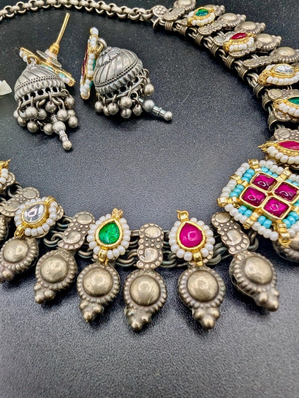 Hemangi Kolhapuri Pachi Kundan Necklace with Jhumkas