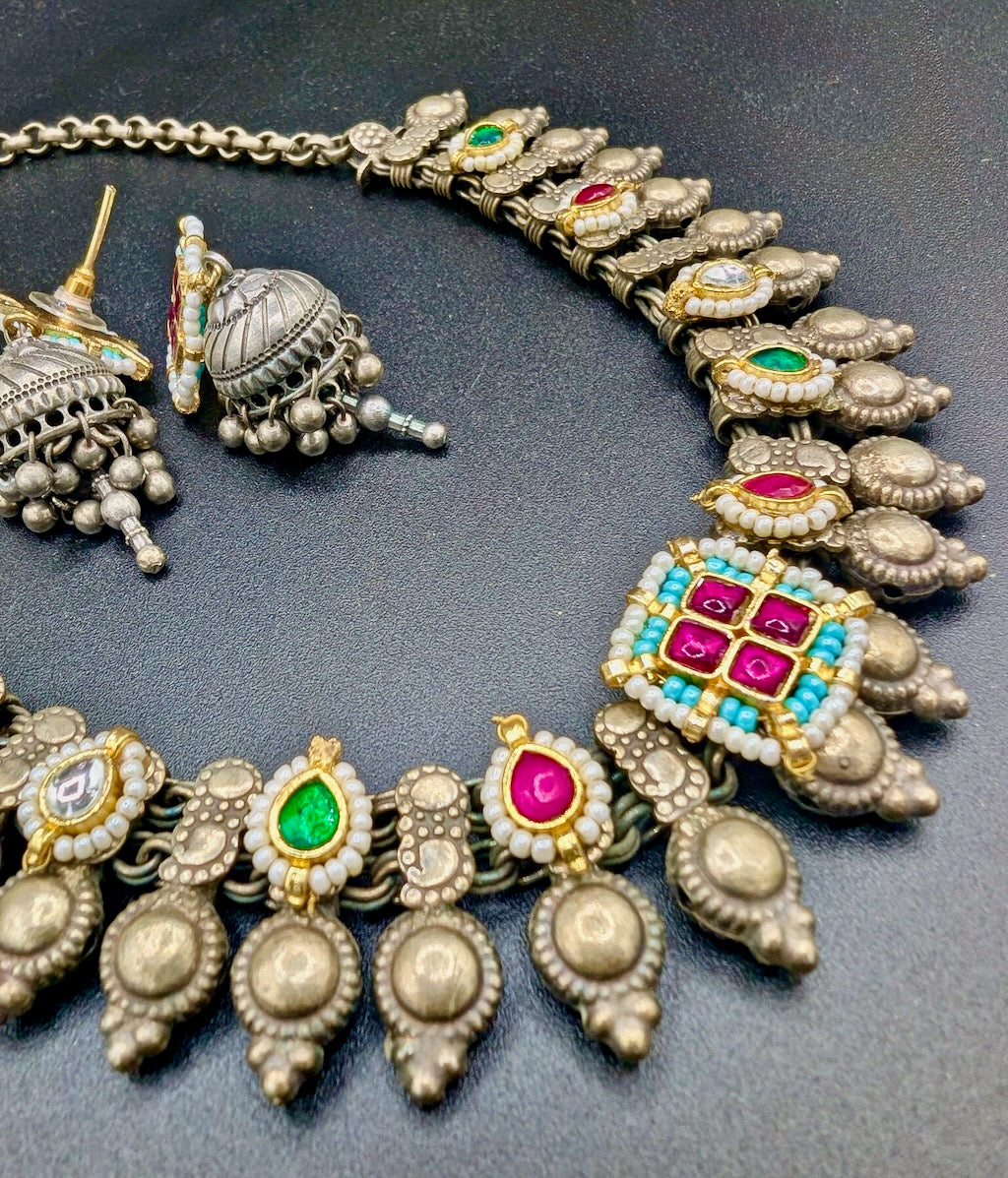 Hemangi Kolhapuri Pachi Kundan Necklace with Jhumkas