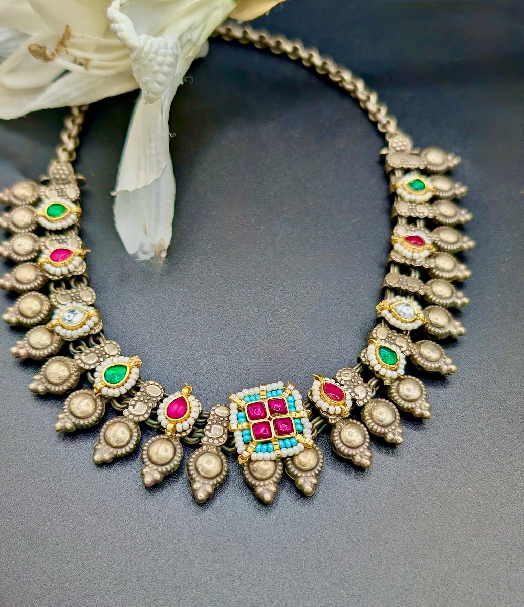 Hemangi Kolhapuri Pachi Kundan Necklace with Jhumkas