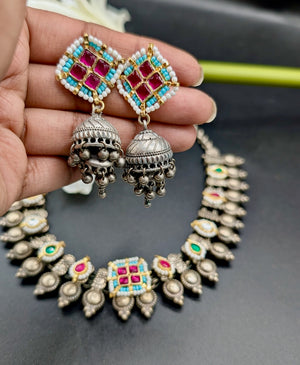 Hemangi Kolhapuri Pachi Kundan Necklace with Jhumkas