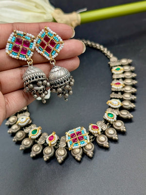 Hemangi Kolhapuri Pachi Kundan Necklace with Jhumkas