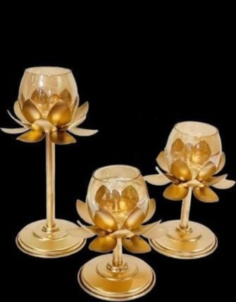 Metallic Lotus Stand Set with Glass (Set of 3)