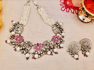 Maya Elephant & Lotus Necklace in Silver Polish